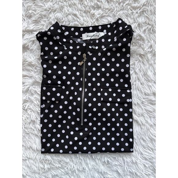 NineDaily women's sz. L black & wht. polka dot zip front top. New w/out tags. - Picture 3 of 10